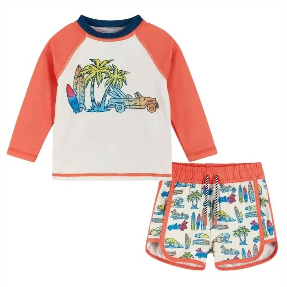 NEW ANDY & EVAN boy's surf print rashguard and swim trunks set in orange
